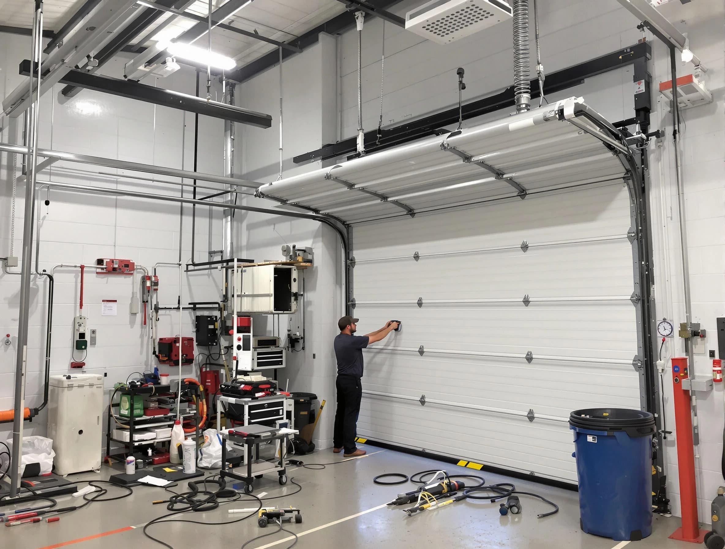 Adams Garage Door Repair certified technician performing commercial door repair at a Adams business facility