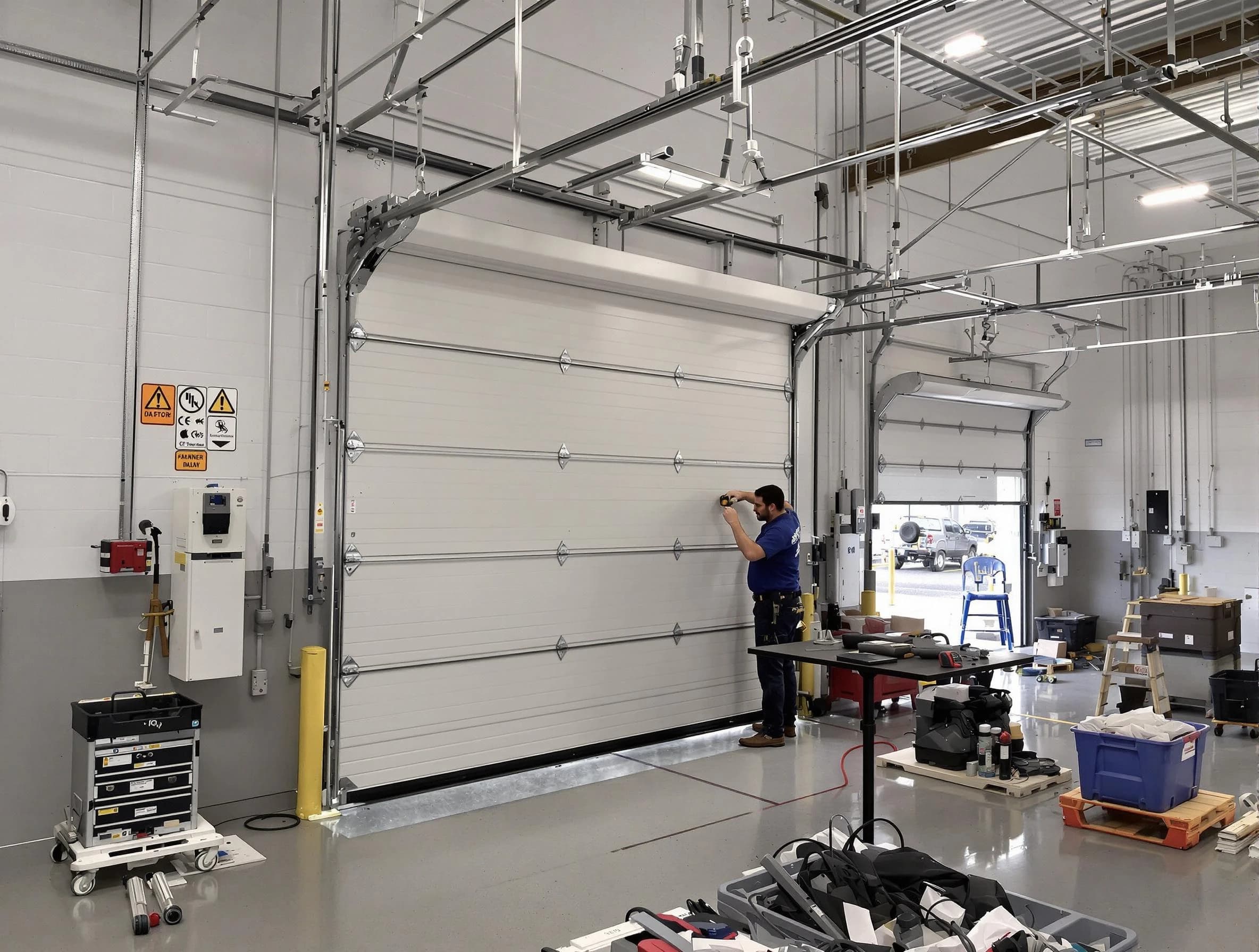 Commercial garage door repair being performed by Adams Garage Door Repair expert in Adams