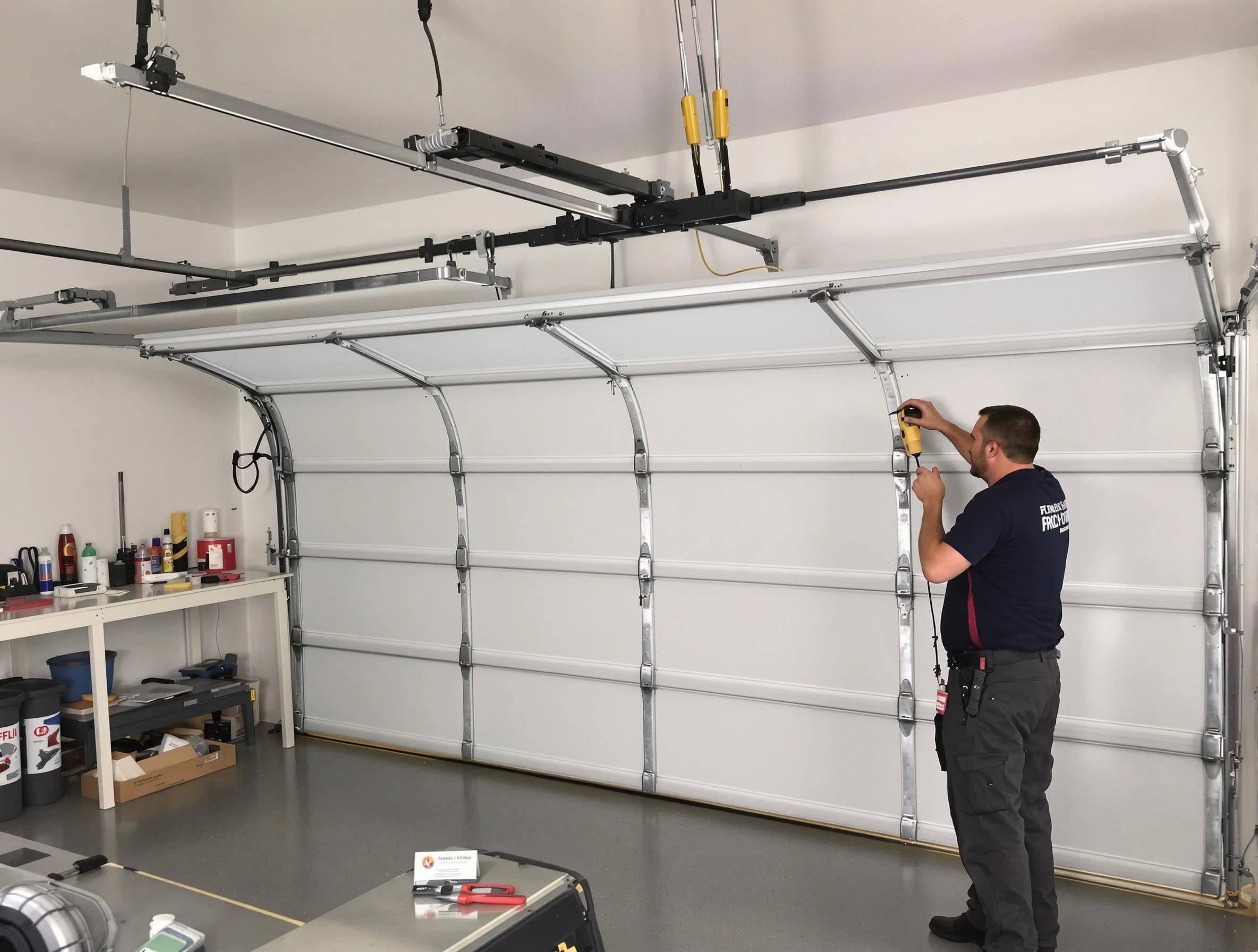 Adams Garage Door Repair certified technician performing overhead door system repair in Adams