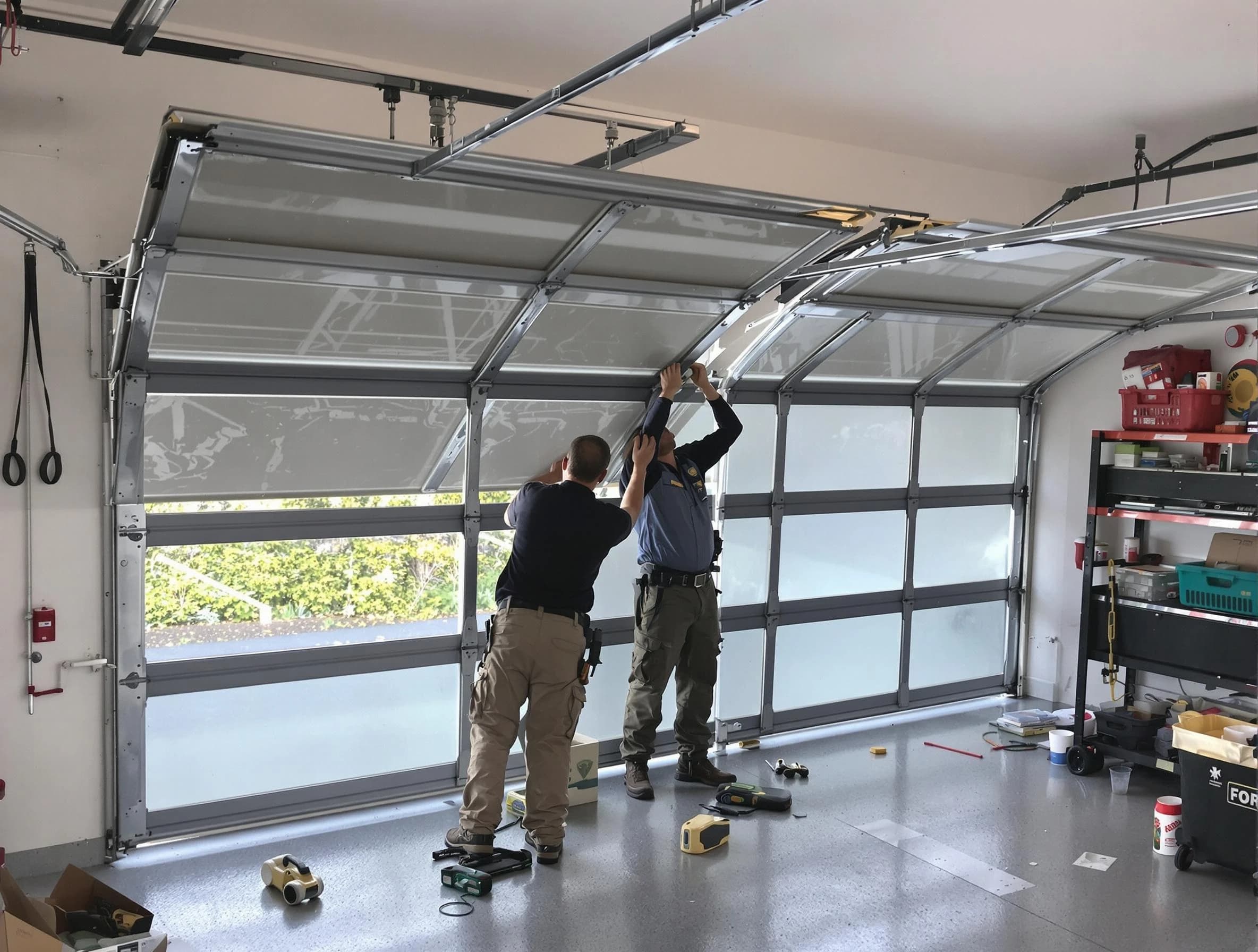 Adams Garage Door Repair expert performing precise panel replacement on Adams garage door