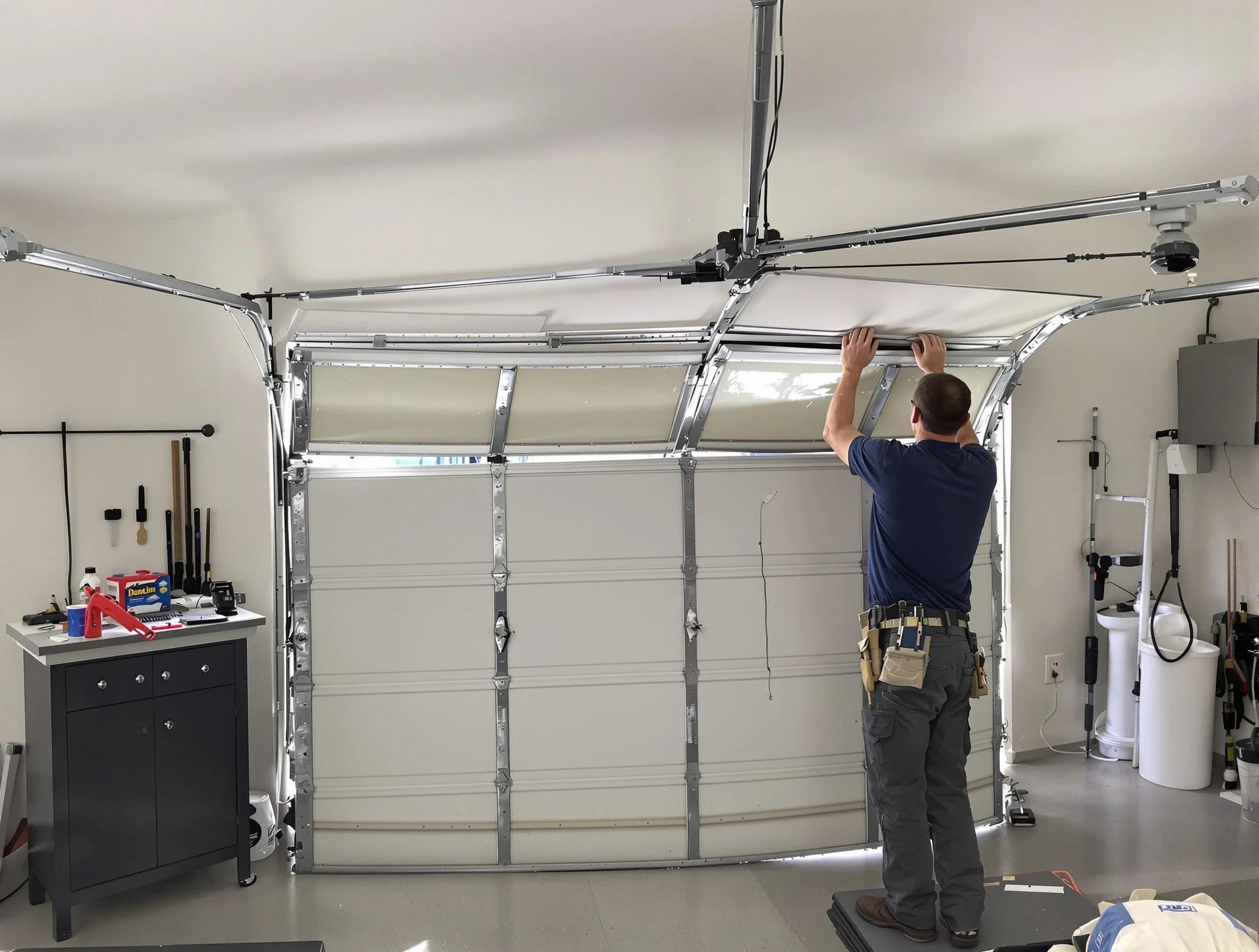 Adams Garage Door Repair specialist performing precise section replacement on Adams garage door