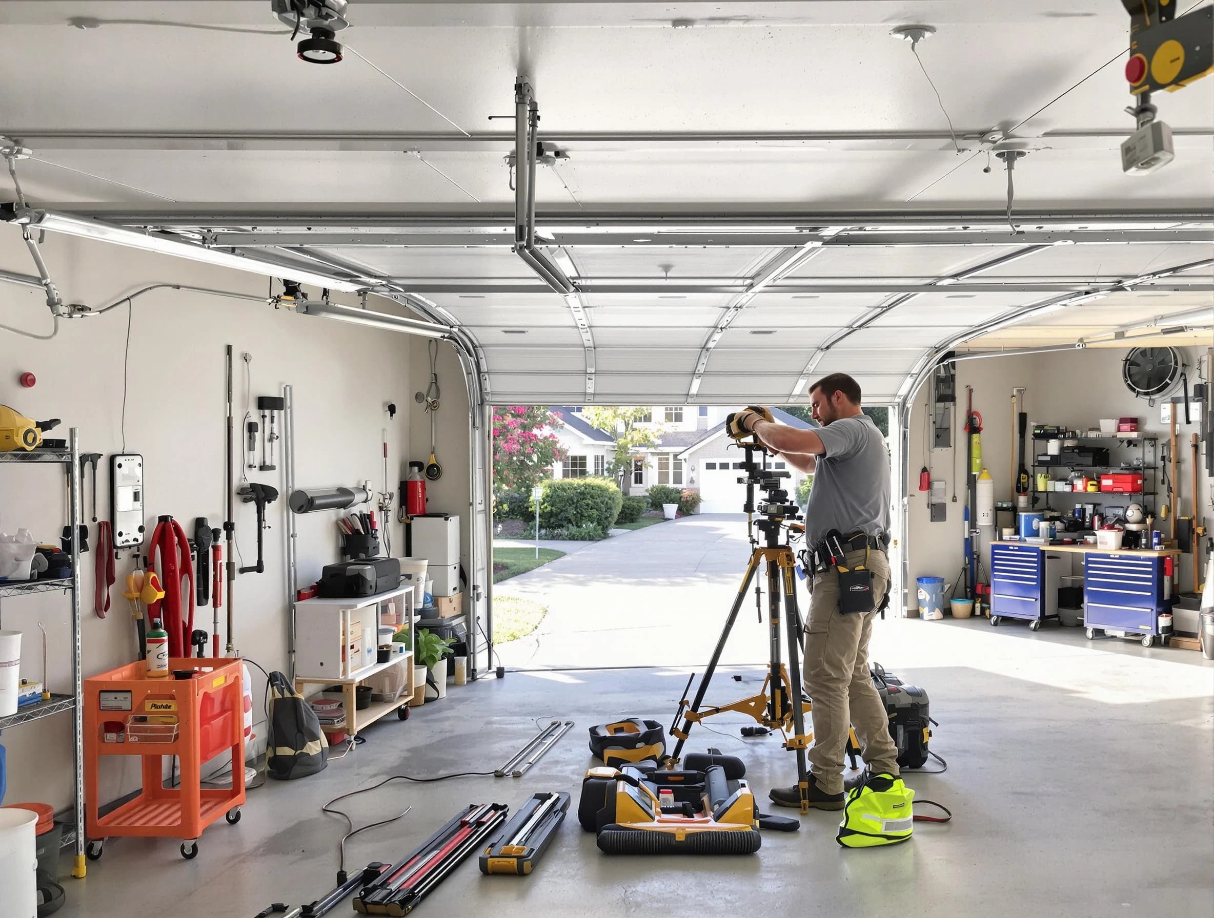 Adams Garage Door Repair specialist performing laser-guided track alignment in Adams