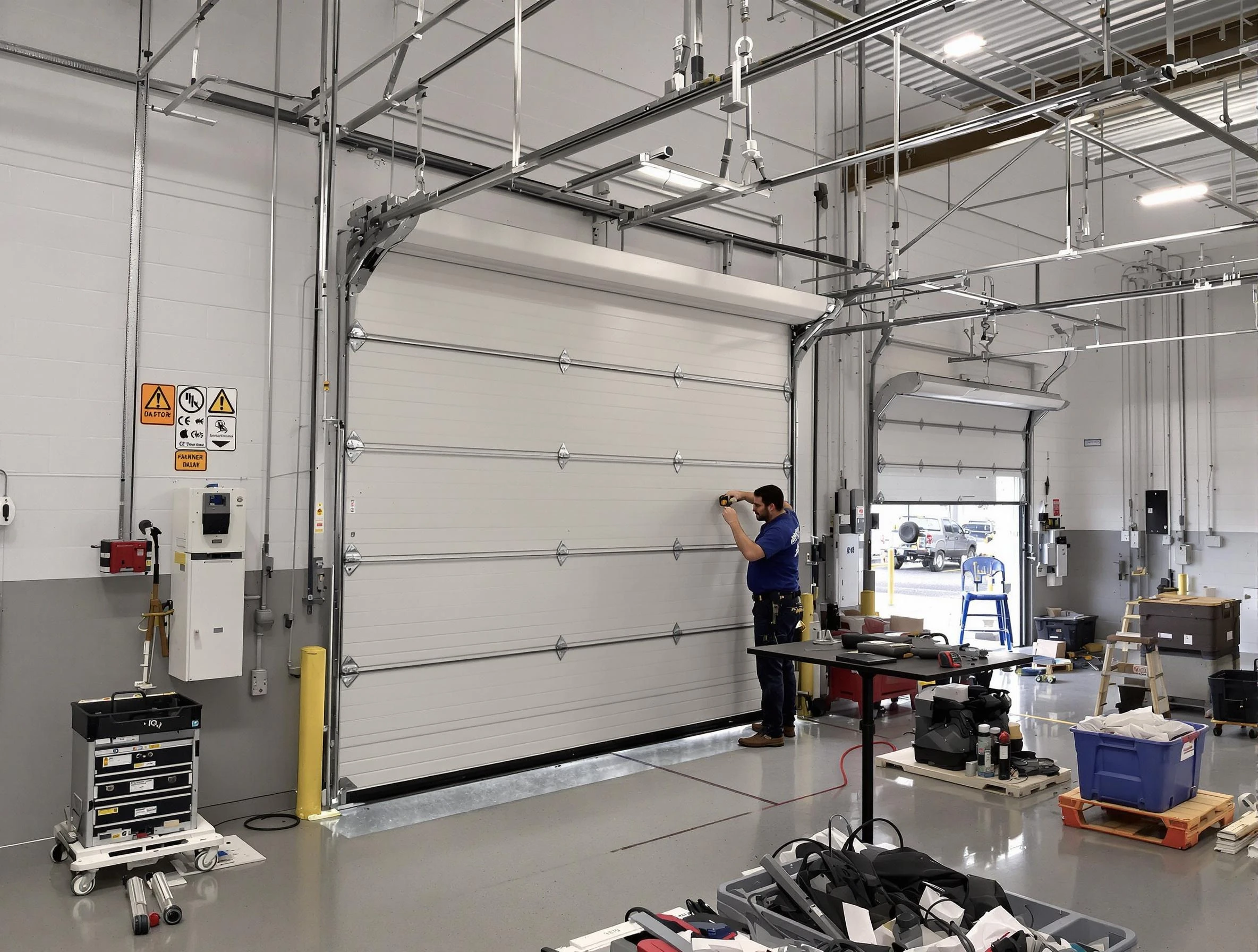 Commercial garage door repair being performed by Adams Garage Door Repair expert in Adams