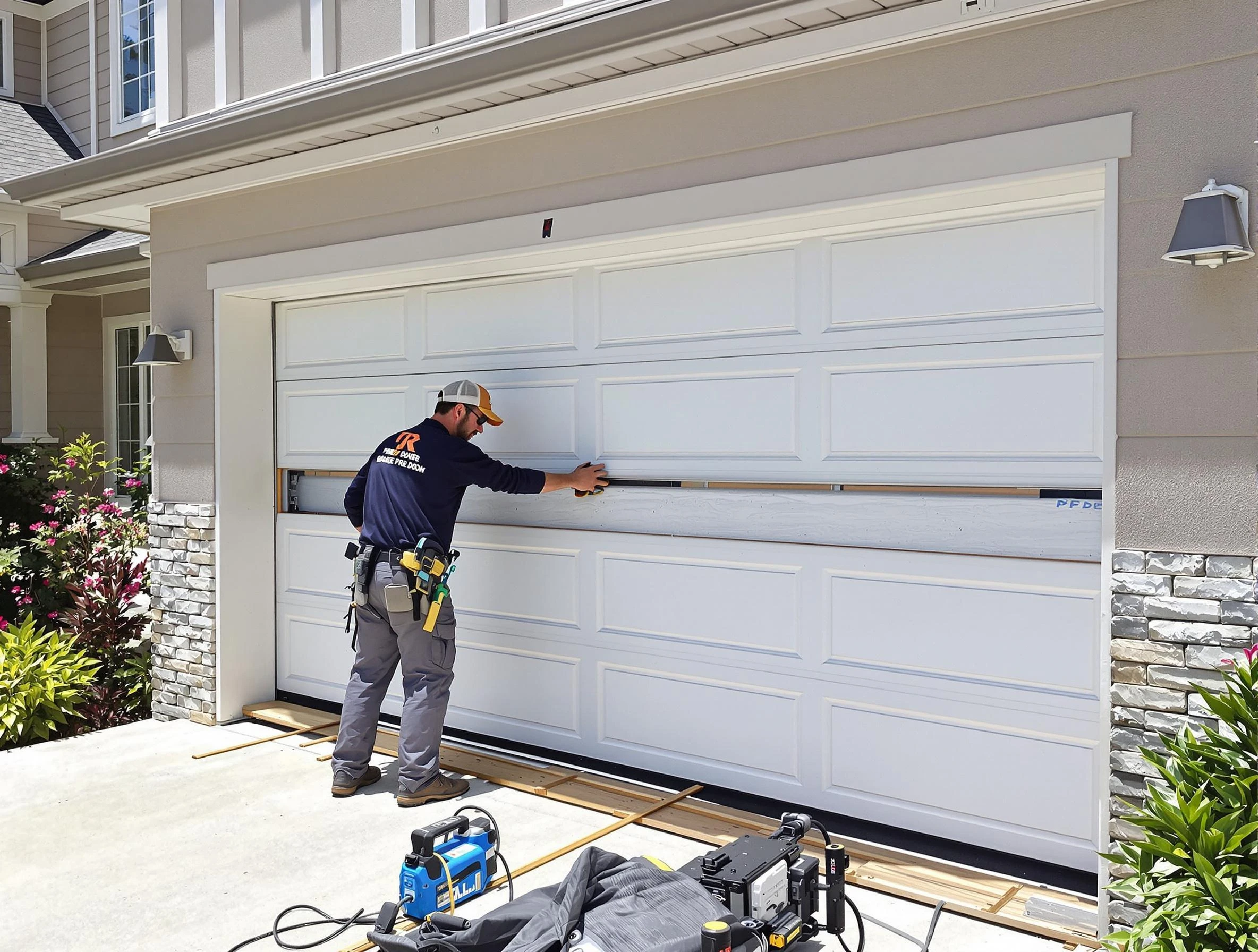 Adams Garage Door Repair team performing complete garage door replacement at Adams residence