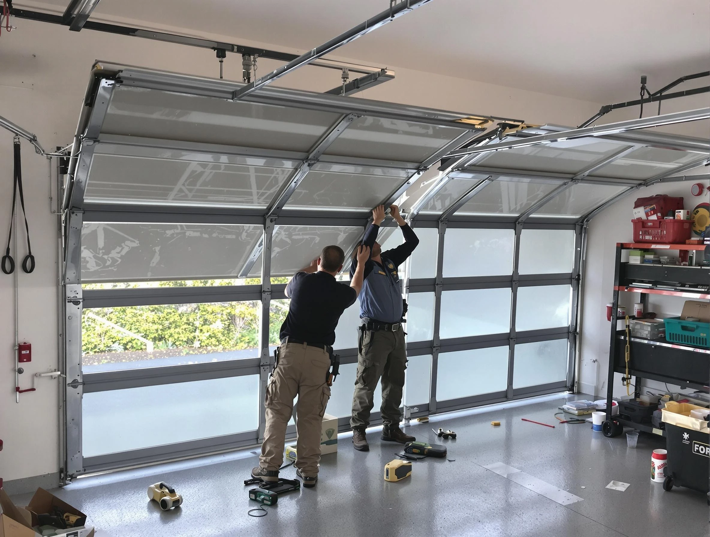 Adams Garage Door Repair expert performing precise panel replacement on Adams garage door