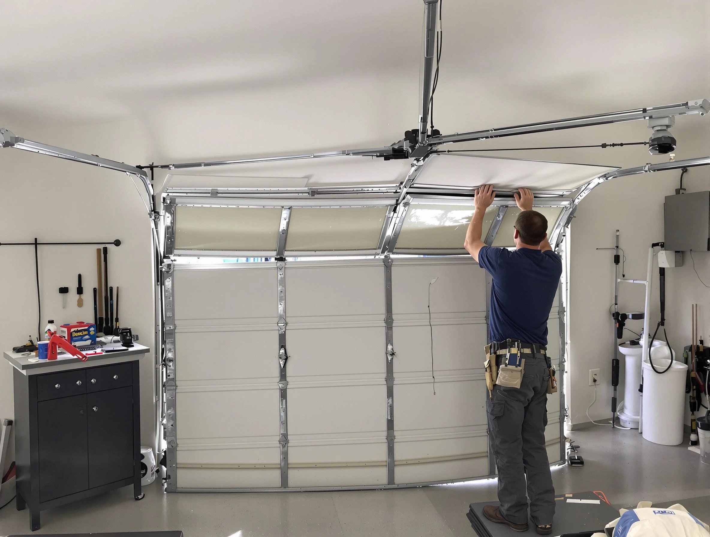 Adams Garage Door Repair specialist performing precise section replacement on Adams garage door
